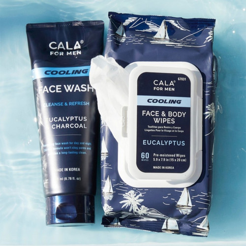 Cala MEN'S COOLING FACE & BODY WIPES: EUCALYPTUS (60 SHEETS)