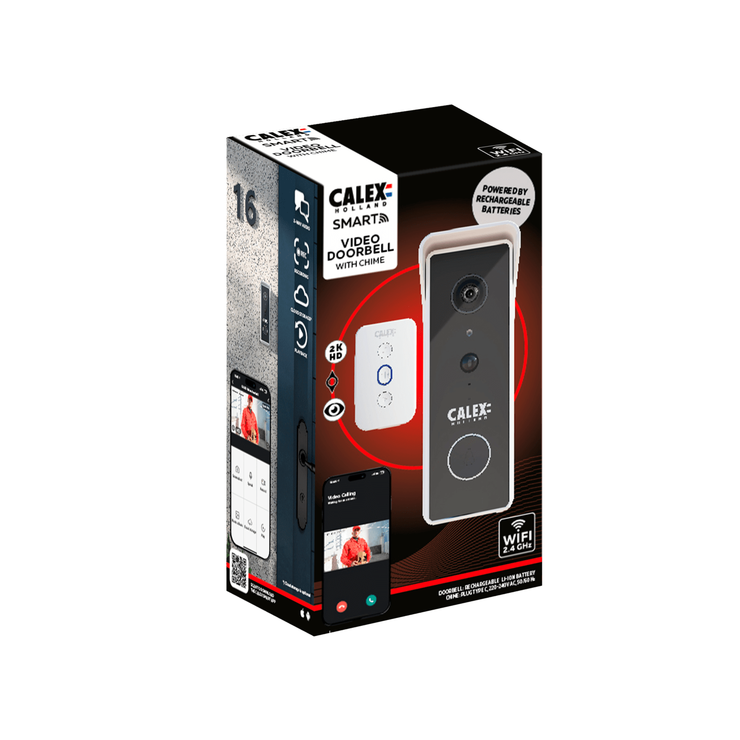 Calex Calex Smart Video Doorbell - 2K - Wireless - Black