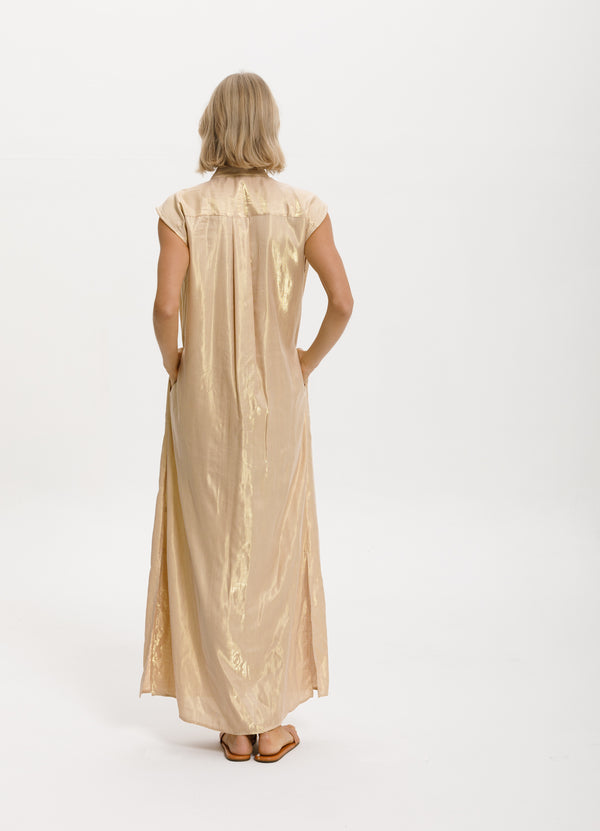 Cali Dreaming Sleeveless Shirt Dress (Gold Weave)
