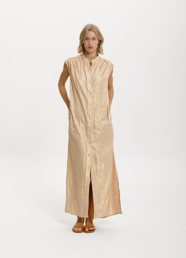 Cali Dreaming Sleeveless Shirt Dress (Gold Weave)