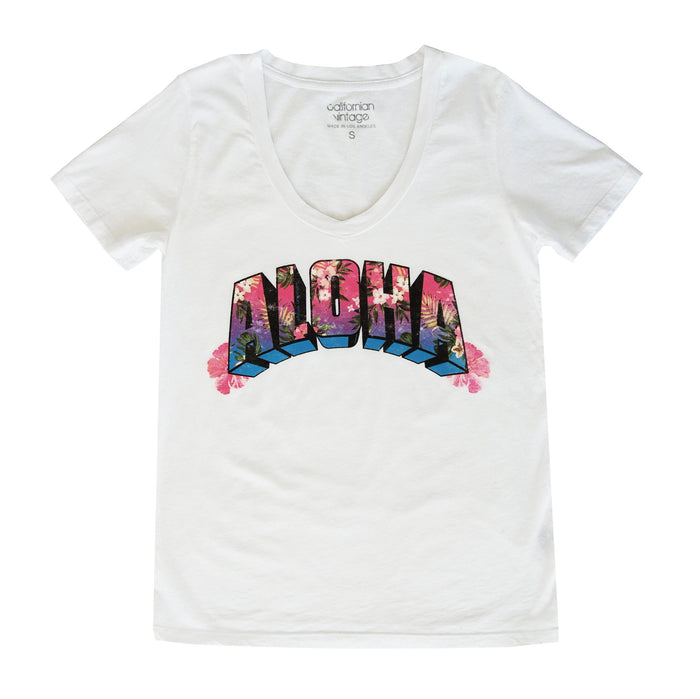california vintage Aloha V-Neck Tee White
