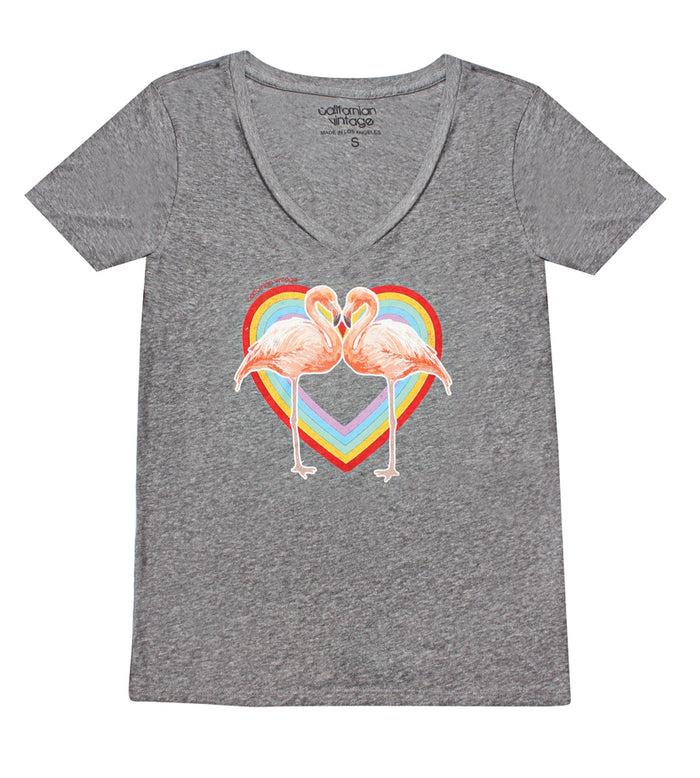 california vintage Heather Grey Flamingo Heart V-Neck Tee Heather Grey