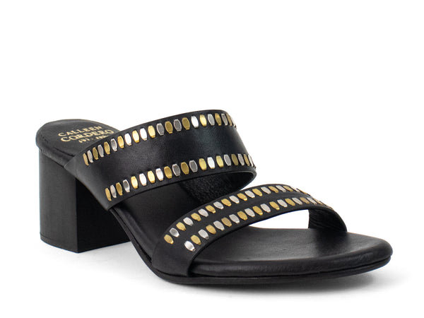 calleen cordero Adella 50 Heel Black Belmont w/ Brass & Nickel Art