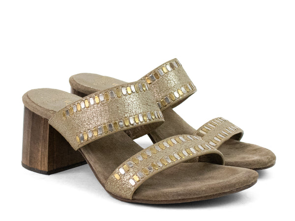 Calleen Cordero Adella 50 Heel Gold Pearl Cracked W/ Brass & Nickel Art