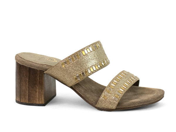 Calleen Cordero Adella 50 Heel Gold Pearl Cracked W/ Brass & Nickel Art