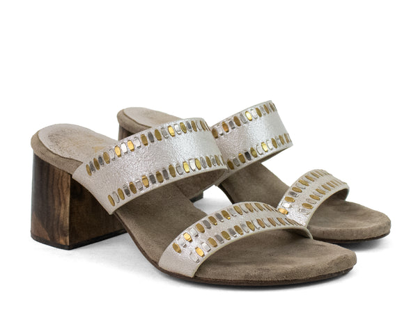 Calleen Cordero Adella 50 Heel White Pearl Cracked W/ Brass & Nickel Art