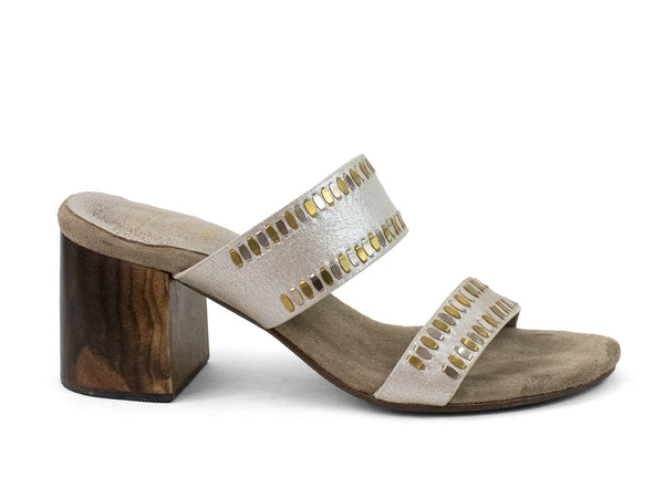 Calleen Cordero Adella 50 Heel White Pearl Cracked W/ Brass & Nickel Art