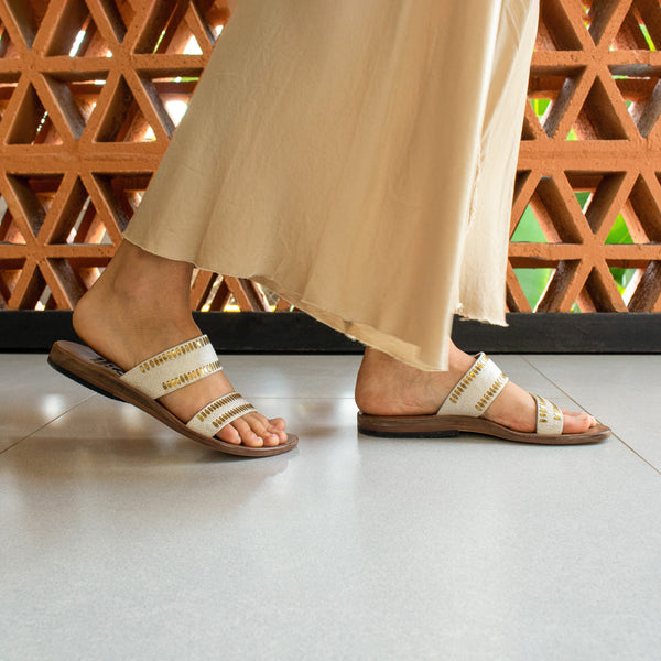 Calleen Cordero Adella Sandal White Pearl W/ Brass Art