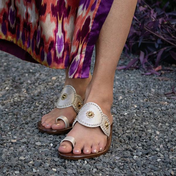 Calleen Cordero Alina Sandal White Pearl Cracked W/ Brass & Nickel Art