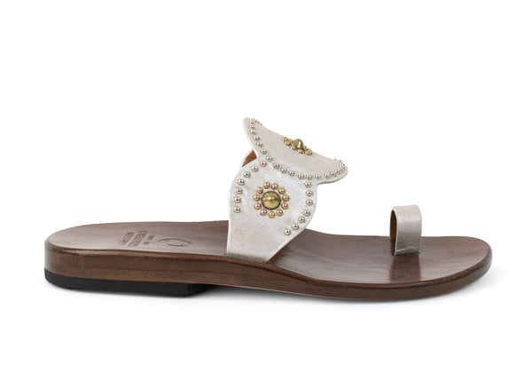 Calleen Cordero Alina Sandal White Pearl Cracked W/ Brass & Nickel Art