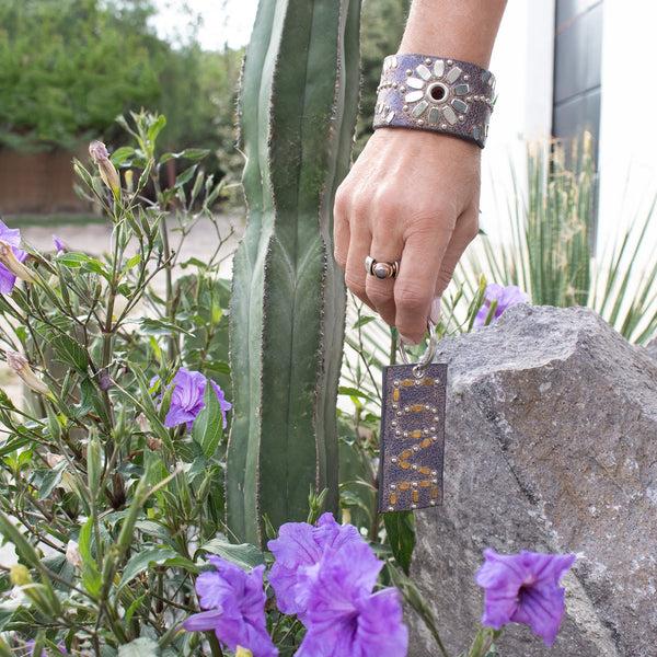 Calleen Cordero Amor Keychain Blue Cracked Leather W/Brass & Nickel