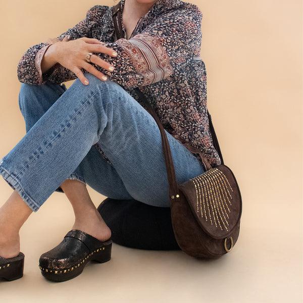 Calleen Cordero Amour Messenger Chocolate Suede W/ Brass & Nickel Art