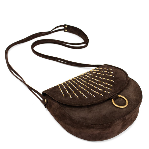 Calleen Cordero Amour Messenger Chocolate Suede W/ Brass & Nickel Art