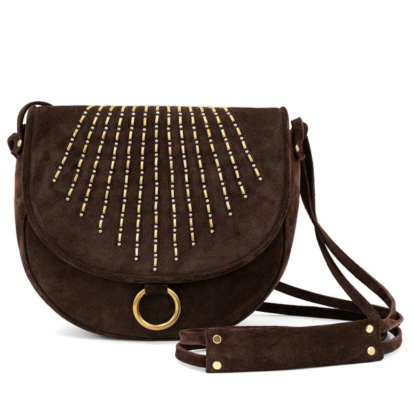 calleen cordero Amour Messenger Chocolate Suede w/ Brass & Nickel Art