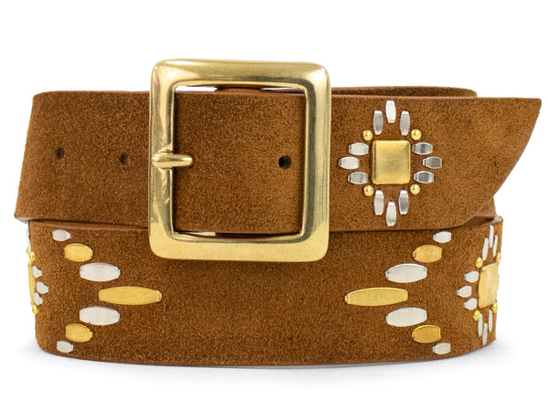 Calleen Cordero Azteca 1.5" Belt Moss Green Suede W/ Brass & Nickel Art