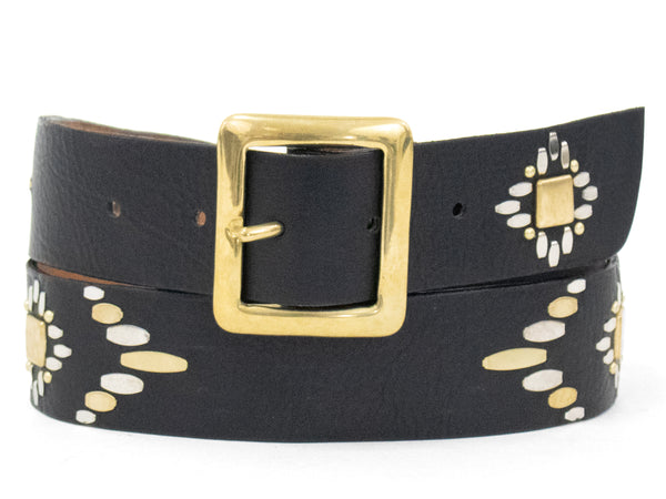 Calleen Cordero Azteca 1.5" Belt Moss Green Suede W/ Brass & Nickel Art