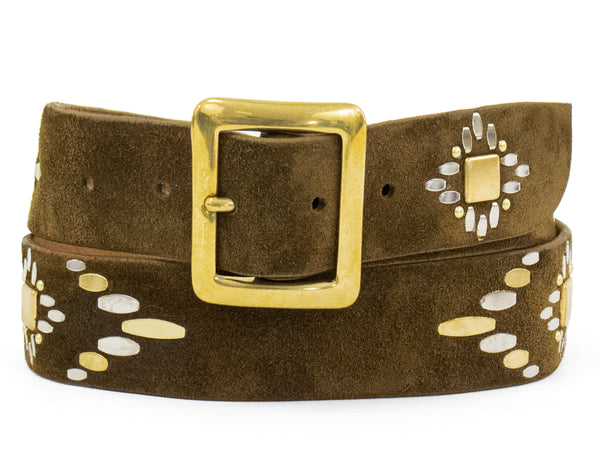 calleen cordero Azteca 1.5" Belt Moss Green Suede w/ Brass & Nickel Art