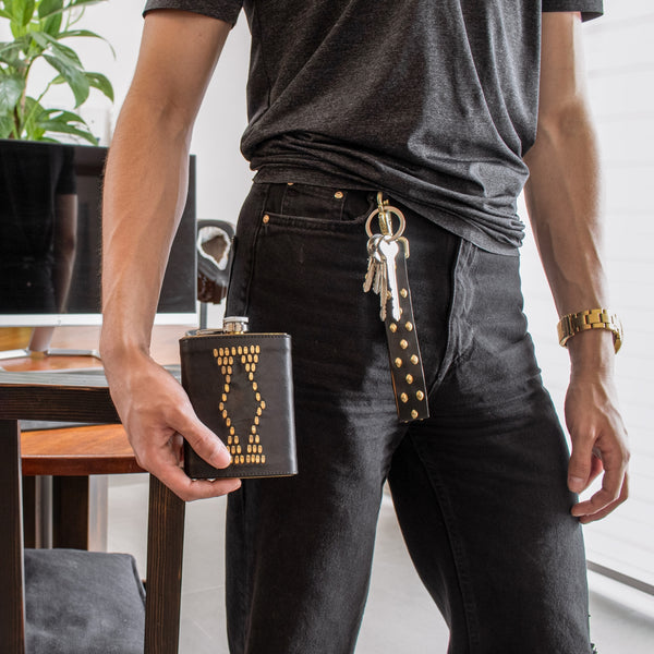 Calleen Cordero Basia Flask Black Leather W/ Brass Art