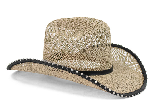 Calleen Cordero Blades Cowboy Hat Seagrass - Black Belmont W/ Nickel Art