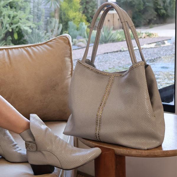 Calleen Cordero Blaze Handbag Linen Lizard W/ Brass & Nickel Art