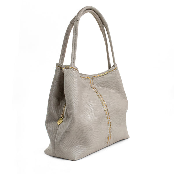Calleen Cordero Blaze Handbag Linen Lizard W/ Brass & Nickel Art