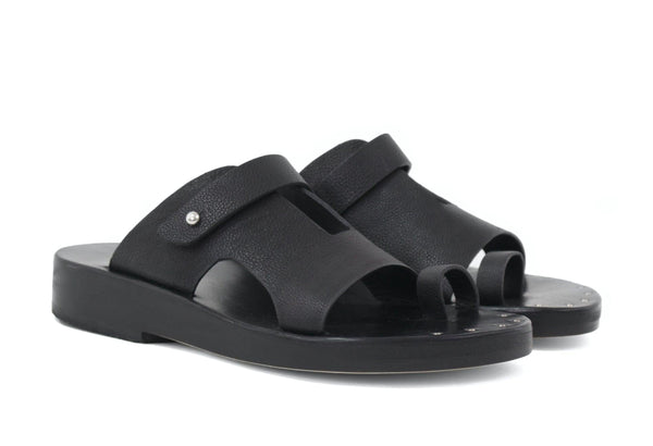 Calleen Cordero Bowie Wedge Sandal Black Leather W/ Nickel Art