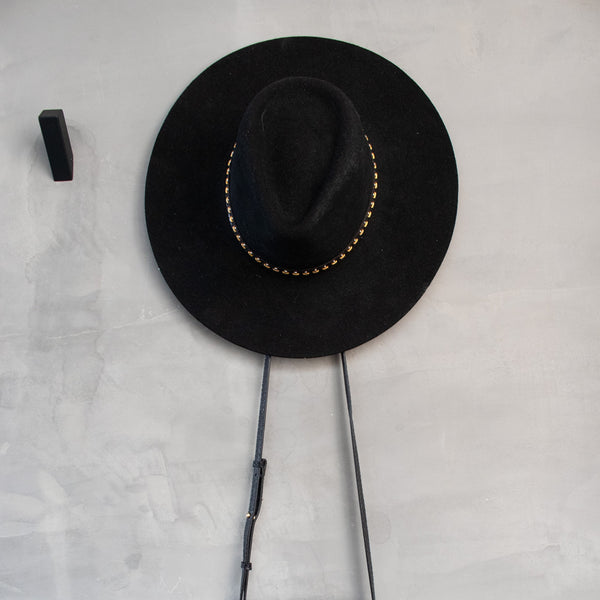 Calleen Cordero Cali Kimi Hat Black Wool & Black Lizard Leather W/ Brass & Nickel Art