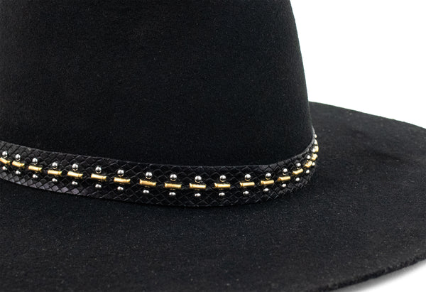 Calleen Cordero Cali Kimi Hat Black Wool & Black Lizard Leather W/ Brass & Nickel Art