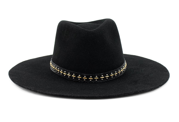 calleen cordero Cali Kimi Hat Black Wool & Black Lizard Leather w/ Brass & Nickel Art