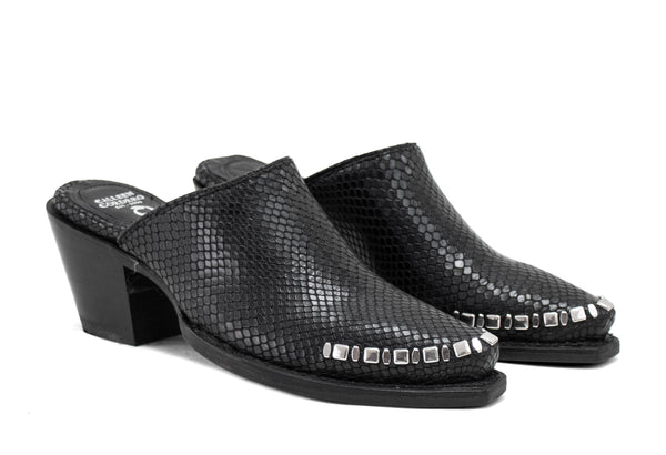 Calleen Cordero Ace Mule Black Lizard W/ Nickel Art