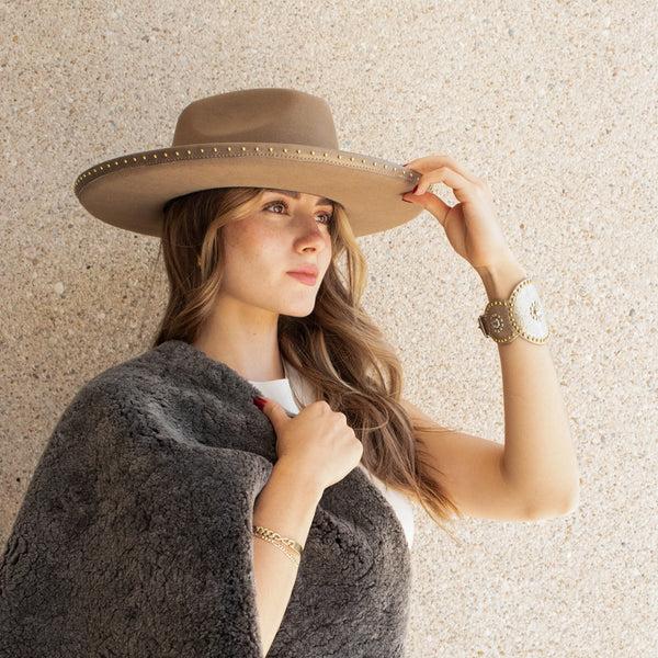 Calleen Cordero Gypsy Hat Tan Wool W/ Brass Art