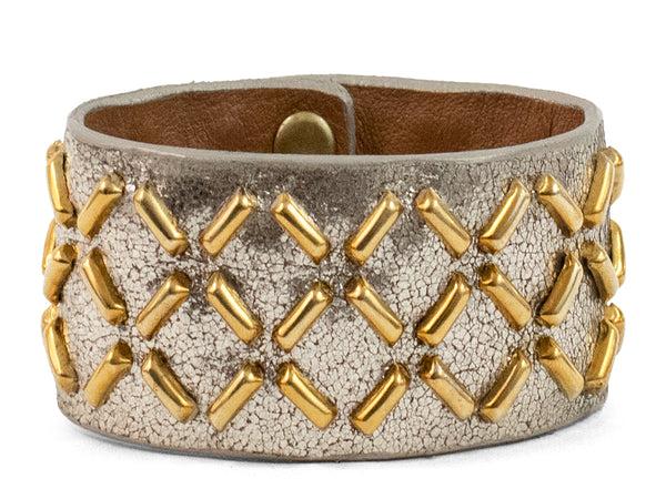 Calleen Cordero Capri 1.25" Bracelet White Pearl Cracked W/ Brass Art