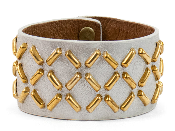 calleen cordero Capri 1.25" Bracelet White Pearl Cracked w/ Brass Art