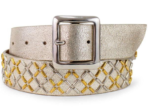 Calleen Cordero Capri 1.5" Belt Pearl Jasper W/ Brass & Nickel Art