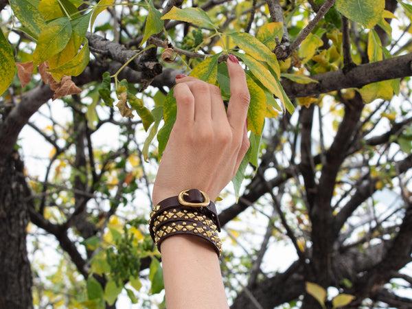 Calleen Cordero Celso .5" Triple Wrap Bracelet Black Aniline W/ Brass Art