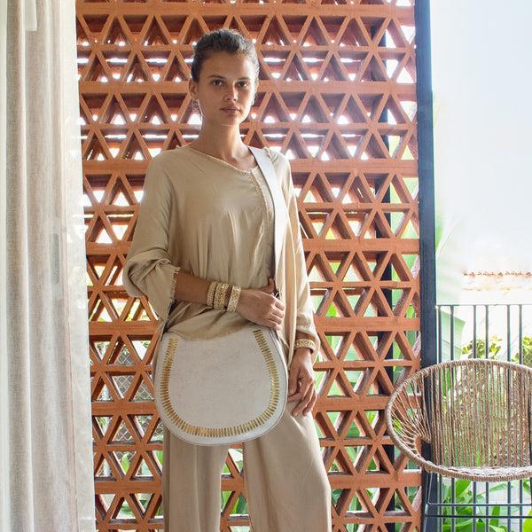 Calleen Cordero Cleo Messenger Black Leather W/ Brass Art