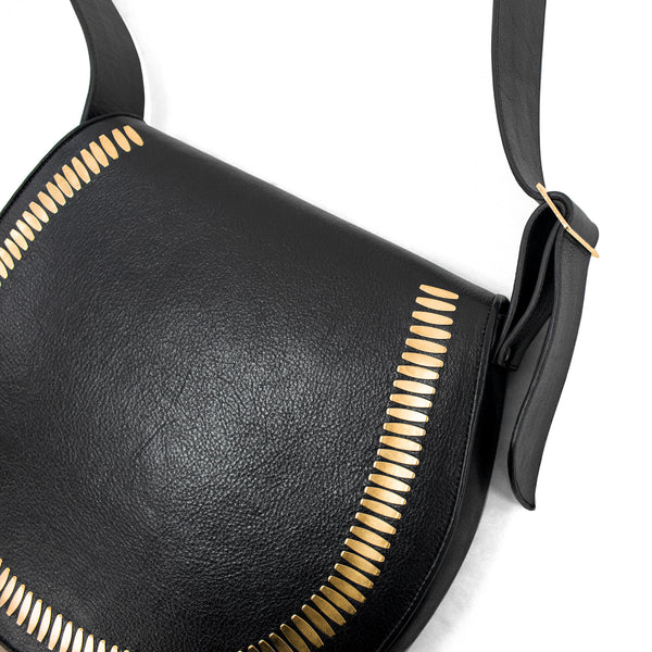 Calleen Cordero Cleo Messenger Black Leather W/ Brass Art