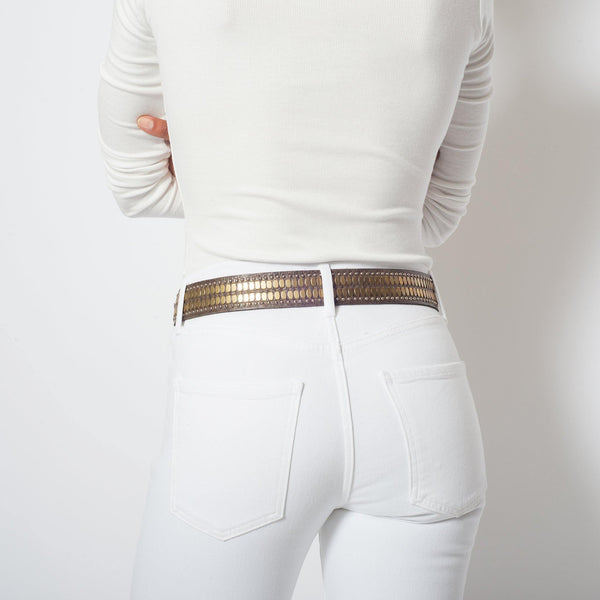 Calleen Cordero Concha 1.5" Belt Dark Brown Nash W/ Brass Art