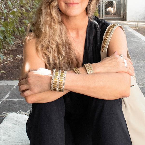 Calleen Cordero Concha 1.5" Bracelet White Pearl Cracked W/ Brass Art