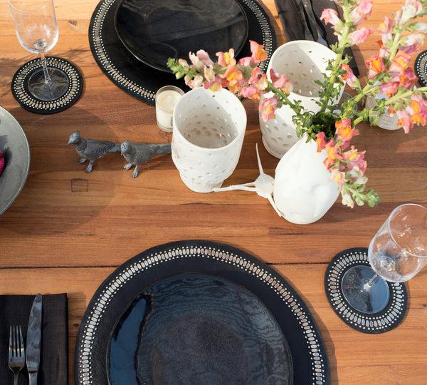 Calleen Cordero Concha Coasters (QTY 2 Pc) Black Leather W/ Nickel Art Set Of 2