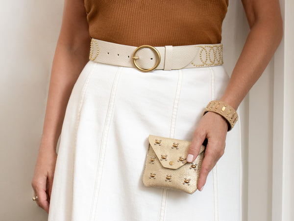 Calleen Cordero Concha Spaced 1" Bracelet Moss Green Suede W/ Brass Art