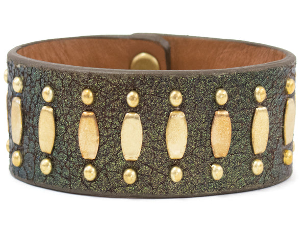 Calleen Cordero Concha Spaced 1" Bracelet Moss Green Suede W/ Brass Art