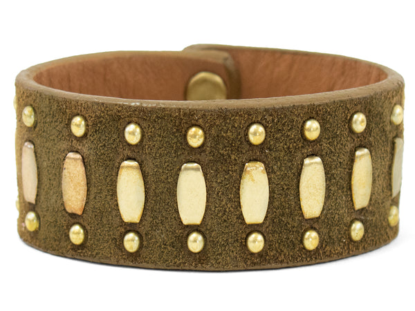 calleen cordero Concha Spaced 1" Bracelet Moss Green Suede w/ Brass Art