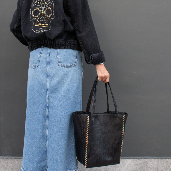 Calleen Cordero Dannita Mini Rolex Tote "New Size" Black Lizard W/ Brass & Nickel Art