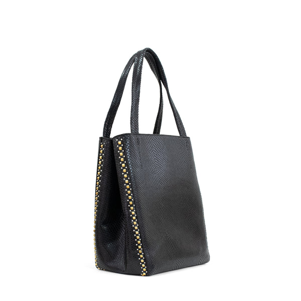 Calleen Cordero Dannita Mini Rolex Tote "New Size" Black Lizard W/ Brass & Nickel Art