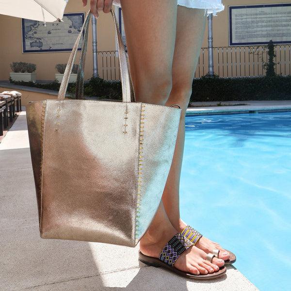 Calleen Cordero Dannita Tote "New Size" Navy Metallic W/ Nickel Art