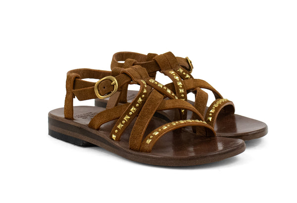 Calleen Cordero Desi Sandal Cognac Suede W/ Brass Art