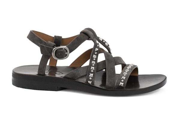 Calleen Cordero Desi Sandal Morel Grey Suede W/ Nickel Art