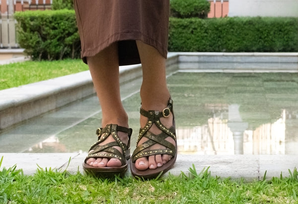 Calleen Cordero Desi Sandal Olive Lunar W/ Brass Art