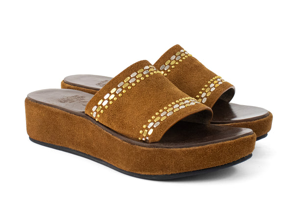 Calleen Cordero Dhana Platform Cognac Suede W/ Brass & Nickel Art